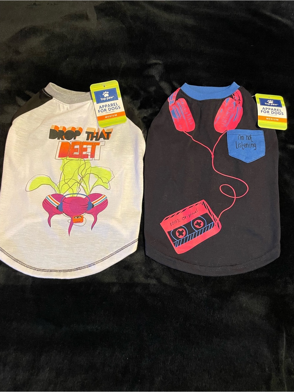 Brand new Top Paw Dog Tees – Black & White with Pink Headphones and Neon Graphic